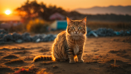 Beautiful ginger cat sitting on the sand in the rays of the setting sunの素材