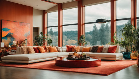 Living room interior with orange sofa and red cushions in modern apartmentの素材