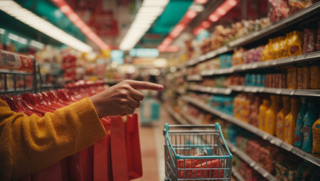 Young woman in a yellow sweater is standing in a supermarket and choosing products from the shelf.の素材