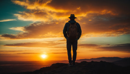 Man standing on top of the mountain and looking at the sunset.の素材