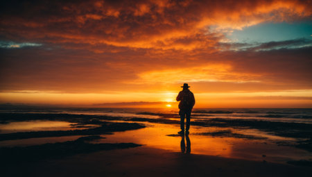 Silhouette of a man standing on the beach at sunset.の素材