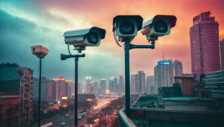 CCTV security camera on the roof of building with cityscape backgroundの素材