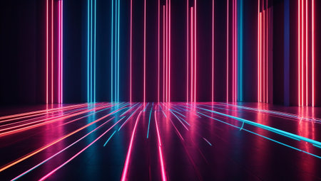 3d rendering, abstract background, empty room, neon lines, laser showの素材