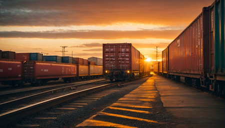 Freight train with containers at sunset. Freight transportation background.の素材