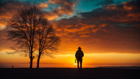 Silhouette of a man with a backpack on the sunset backgroundの素材