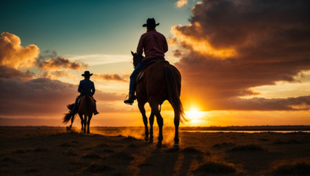 Cowboy riding his horse in the desert of South Dakota at sunsetの素材