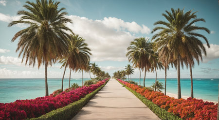 Tropical beach with palm trees, path and turquoise seaの素材