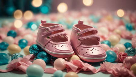 Cute pink baby booties on colorful background with bokeh.の素材