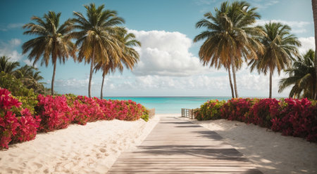 Wooden path leading to the beach with palm trees and flowers.の素材