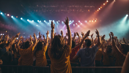 Crowd at concert - rear view of a group of people raising their hands upの素材