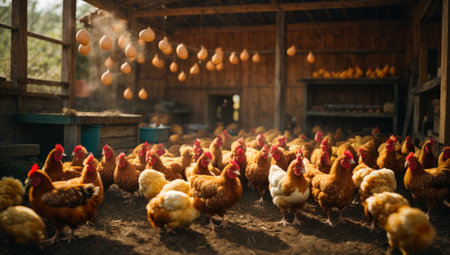 chickens on the traditional free range poultry farm in the countrysideの素材