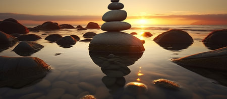 Zen stones in water at sunset, 3d render illustration. Zen conceptの素材