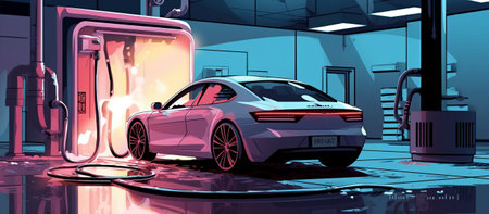 Electric car refueling at a gas station in a cartoon style.の素材