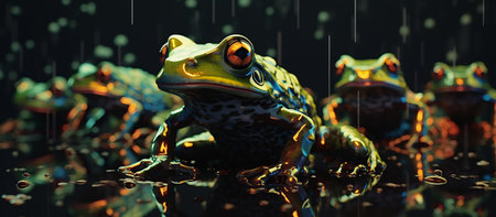 3D render of a group of frogs under the rain on a dark backgroundの素材