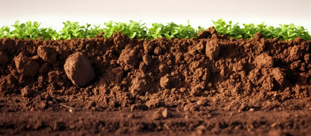 Green seedlings growing in fertile soil, closeup. Concept of agricultureの素材