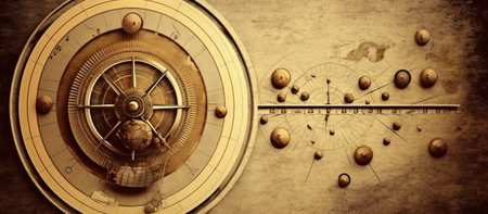 Antique brass compass over old map background. 3D Renderingの素材