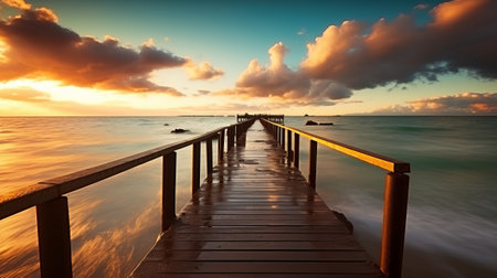 Wooden pier leading into the sea at sunset. Dramatic seascape.の素材