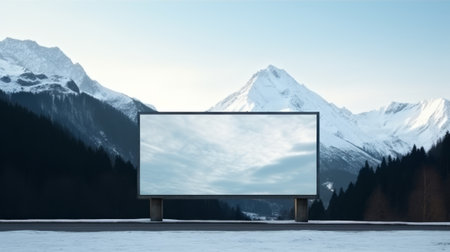 Blank billboard on snowy mountain landscape background. 3D Renderingの素材