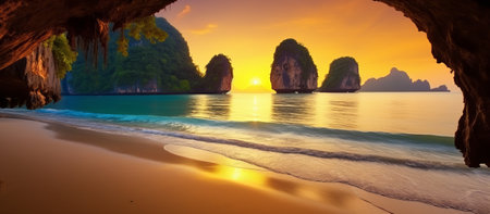Panoramic view of beautiful beach at sunset, Krabi, Thailandの素材