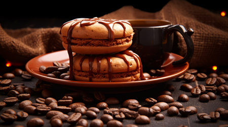 Cup of coffee and macaroons on a dark background.の素材