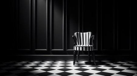 3d rendering of a chair in a room with black and white wallsの素材