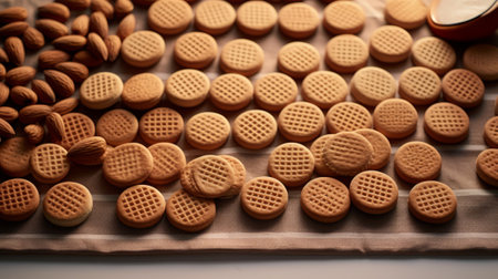 Cookies in the form of a circle on a baking sheet.の素材