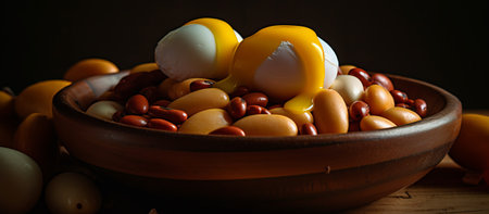 Eggs and beans in a clay bowl on a dark backgroundの素材