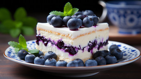 Blueberry cheesecake with fresh blueberries and mint, selective focusの素材