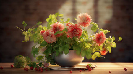 Bouquet of dahlias in vase on wooden tableの素材