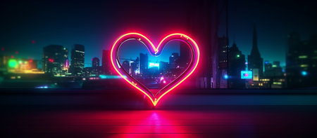 Neon heart on city background. Valentine's day concept. 3D Renderingの素材