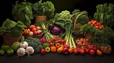 Composition with variety of raw organic vegetables on wooden table. Balanced diet.の素材
