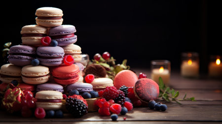 Colorful macaroons with berries on wooden table. Selective focusの素材