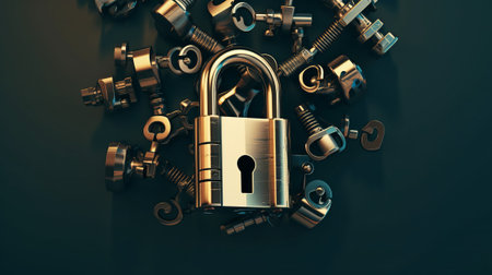 3d rendering of a padlock with nuts and bolts on a dark backgroundの素材
