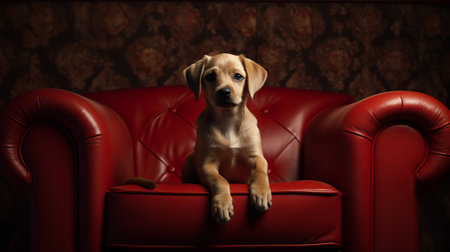 Labrador retriever puppy sitting on a red leather sofa in a dark roomの素材