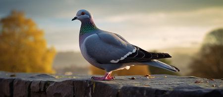Pigeon sitting on a stone in the park at sunset.の素材