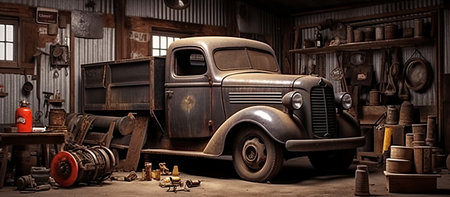 3d illustration of an old rusty truck in a garage with toolsの素材