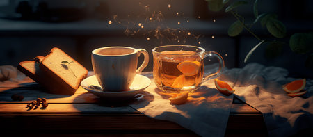 Cup of tea with orange and bread on a wooden table.の素材