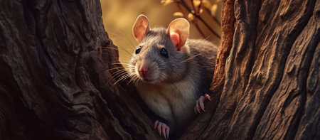 Portrait of a gray rat on a tree in the forest.の素材