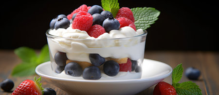 Panna cotta with fresh berries and whipped cream, selective focusの素材