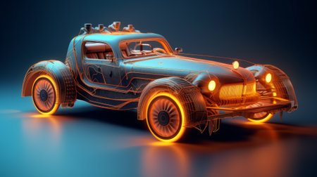 3d rendering of a retro car with neon lights on a dark backgroundの素材