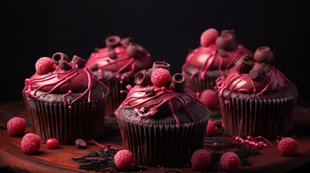 Chocolate cupcakes with raspberries on a black background.の素材