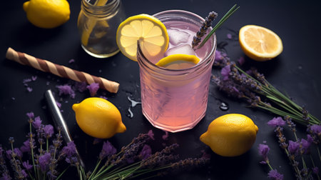Lavender lemonade with fresh lemons and lavender flowers on black backgroundの素材