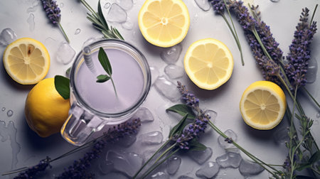 Lavender lemonade with fresh lemons and lavender flowers on a light backgroundの素材