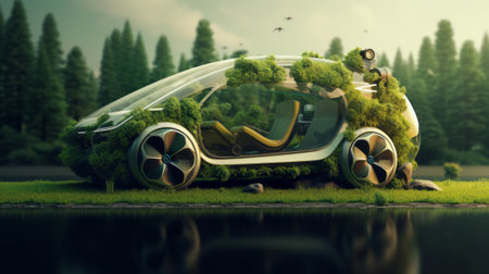 3d rendering of a green car in a futuristic environment with trees.の素材