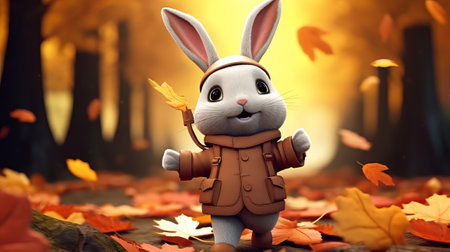 Easter bunny with autumn leaves in the forest. 3d illustration.の素材