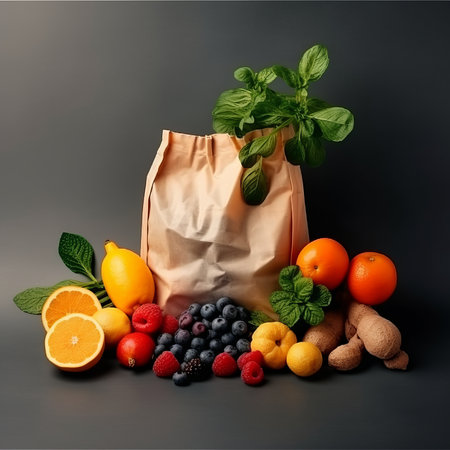 Fresh fruits and vegetables in a paper bag on a dark background.の素材