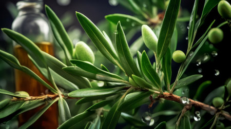 Olive oil and green olives on a branch with water dropsの素材