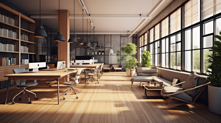 Modern office interior with furniture and daylight. Workplace and lifestyle concept. 3D Renderingの素材