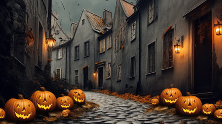 Halloween street with pumpkins and old houses. 3d renderingの素材