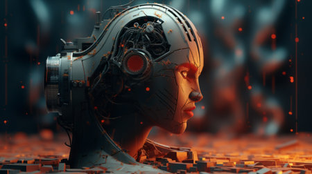 3d rendering of cyborg woman in cyber space, 3d illustrationの素材